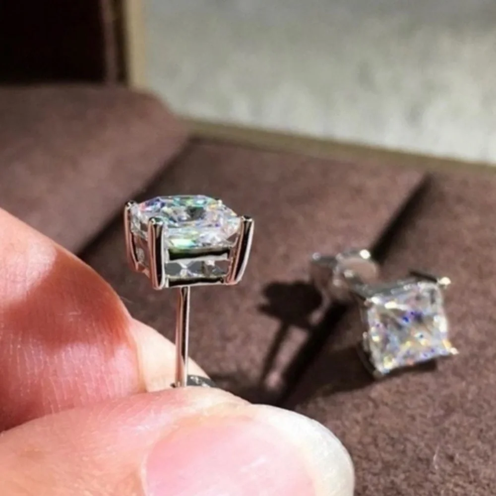 18k White Gold Plated Square Princess Cut CZ Earrings Studs 1 Carat Gold Diamond